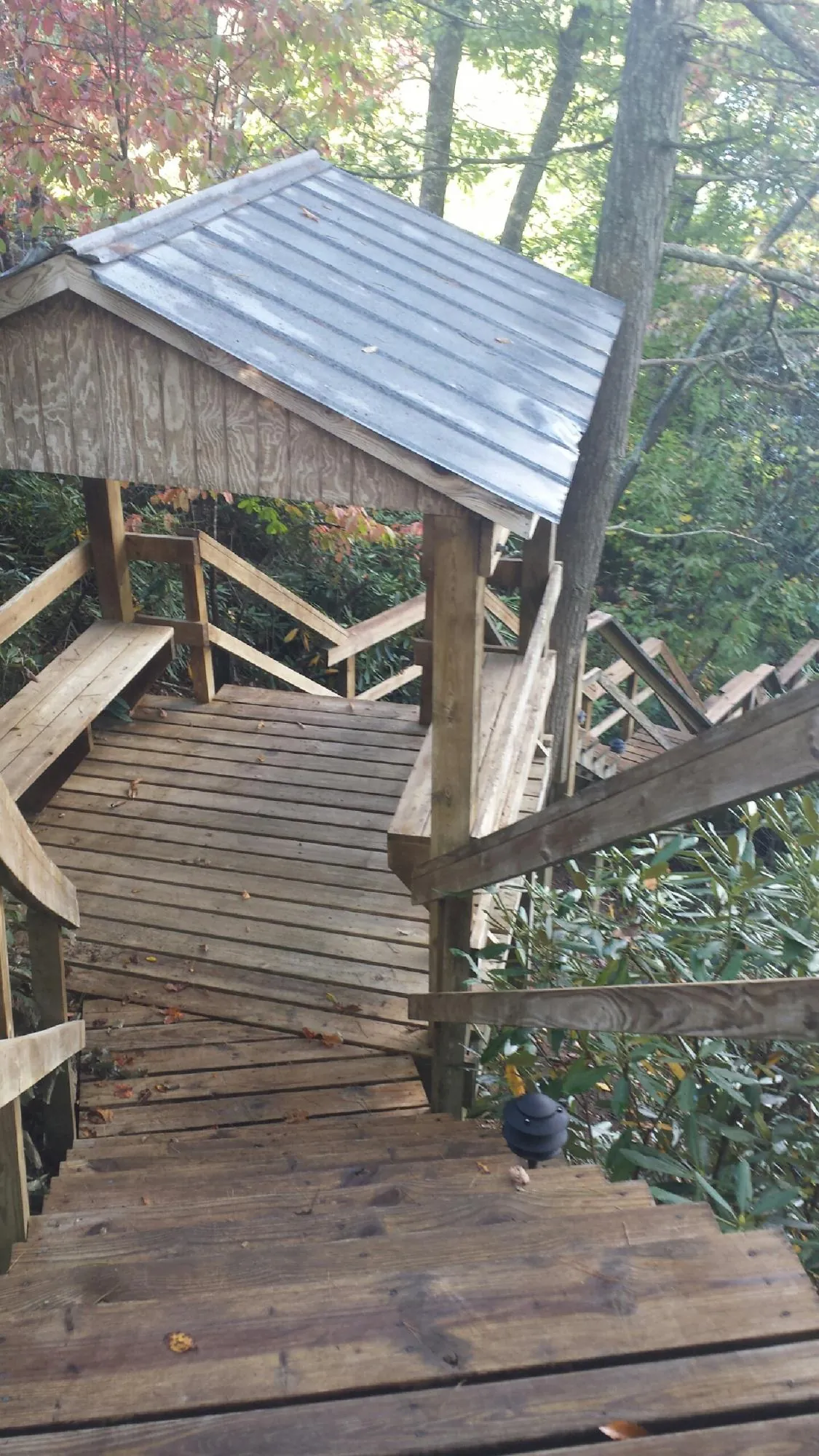 Metal roofed shelter over wooden steps on a wooded walkway — Skylight Repair & Installation work by our crew in Limon